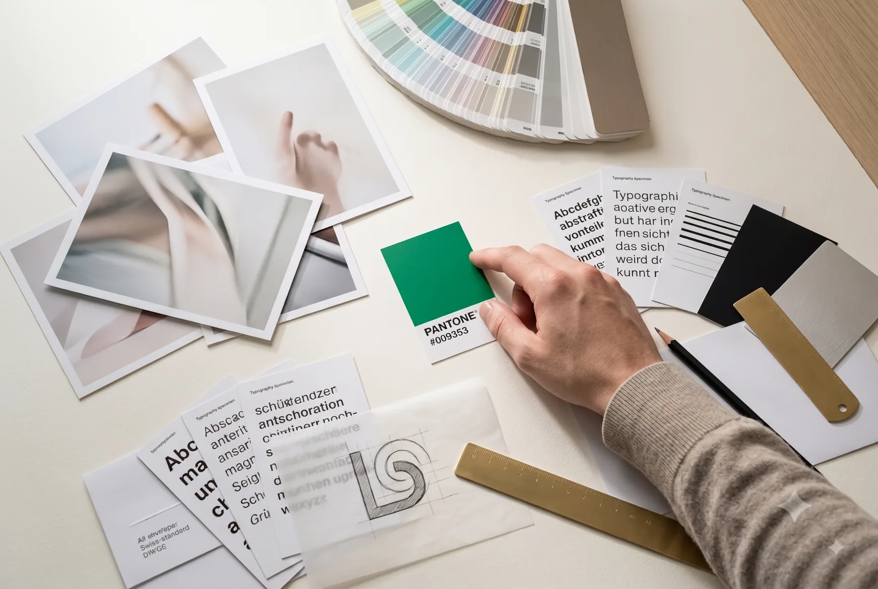 Moodboard mit Bildmustern, Farbfächer und Skizzen