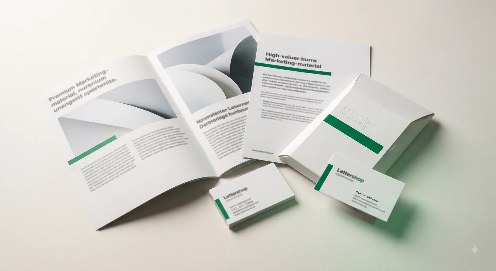 Gedrucktes Marketingmaterial mit Broschüren und Visitenkarten