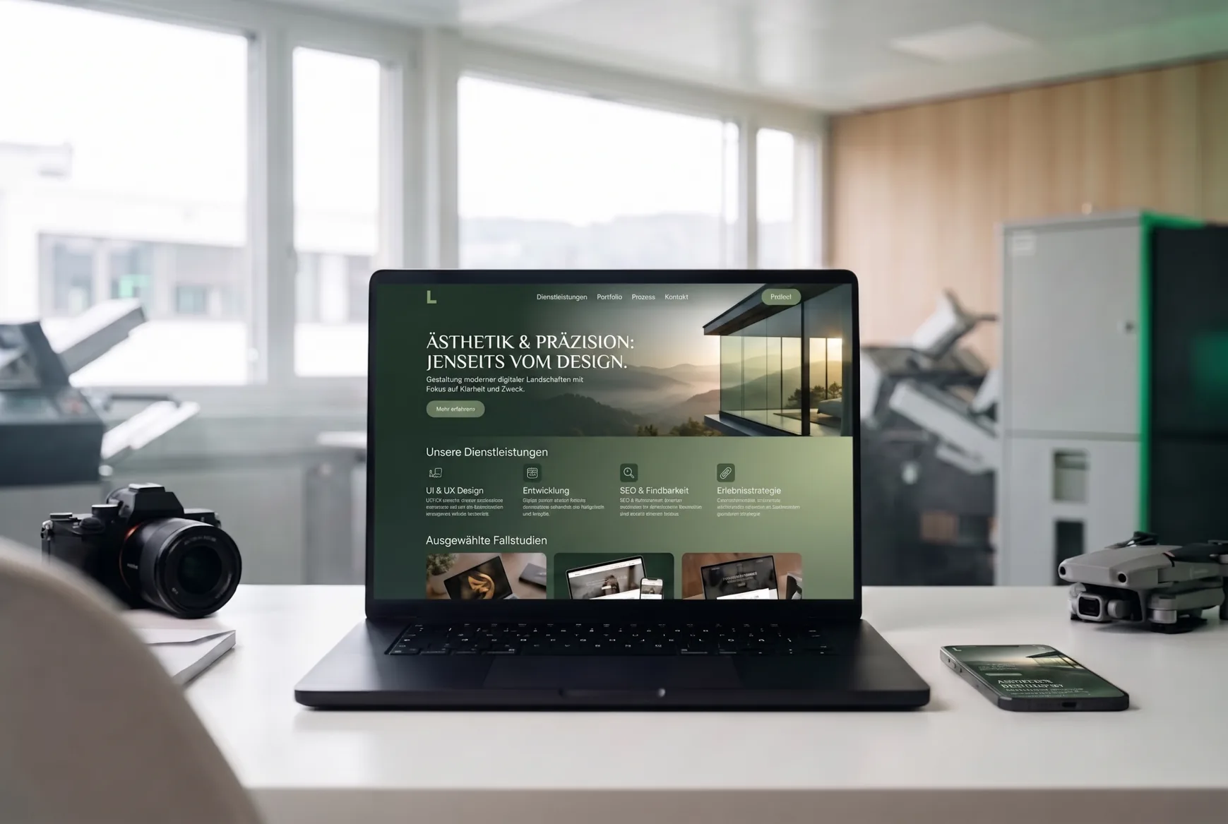Webdesign-Entwurf auf Notebook mit Farbfächer und Printmuster