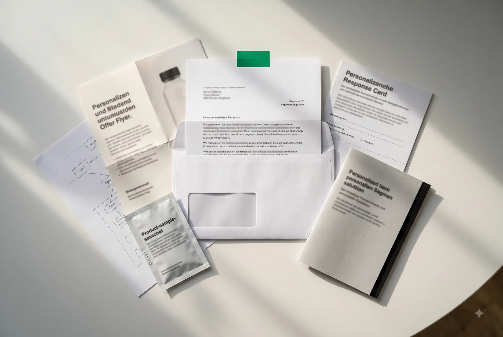 Verschiedene Beilagen, Flyer und Antwortkarten mit Couvert