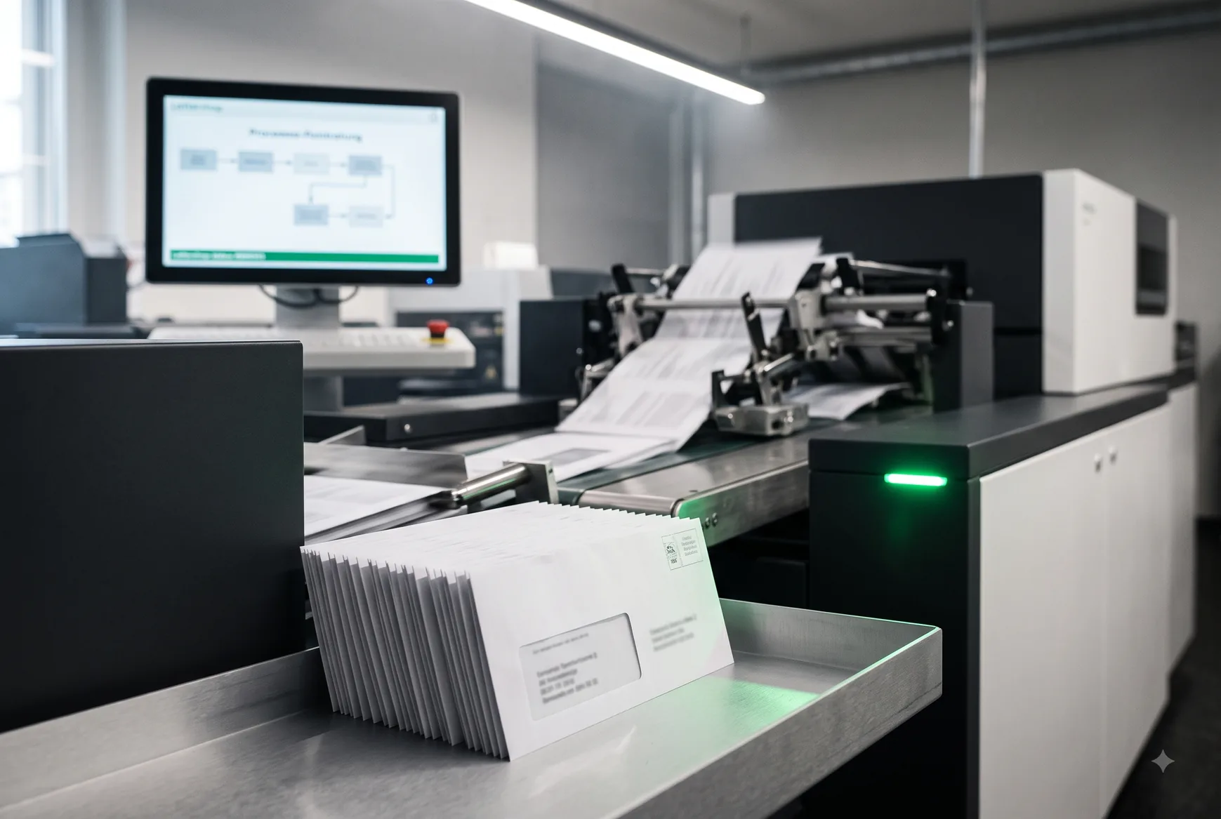 Kuvertieranlage mit Scanner-Kontrolle beim Verarbeiten der Dokumente