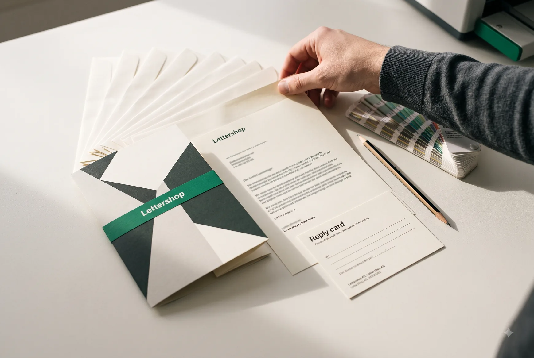 Print Mailing mit Papiermustern auf dem Gestaltungstisch