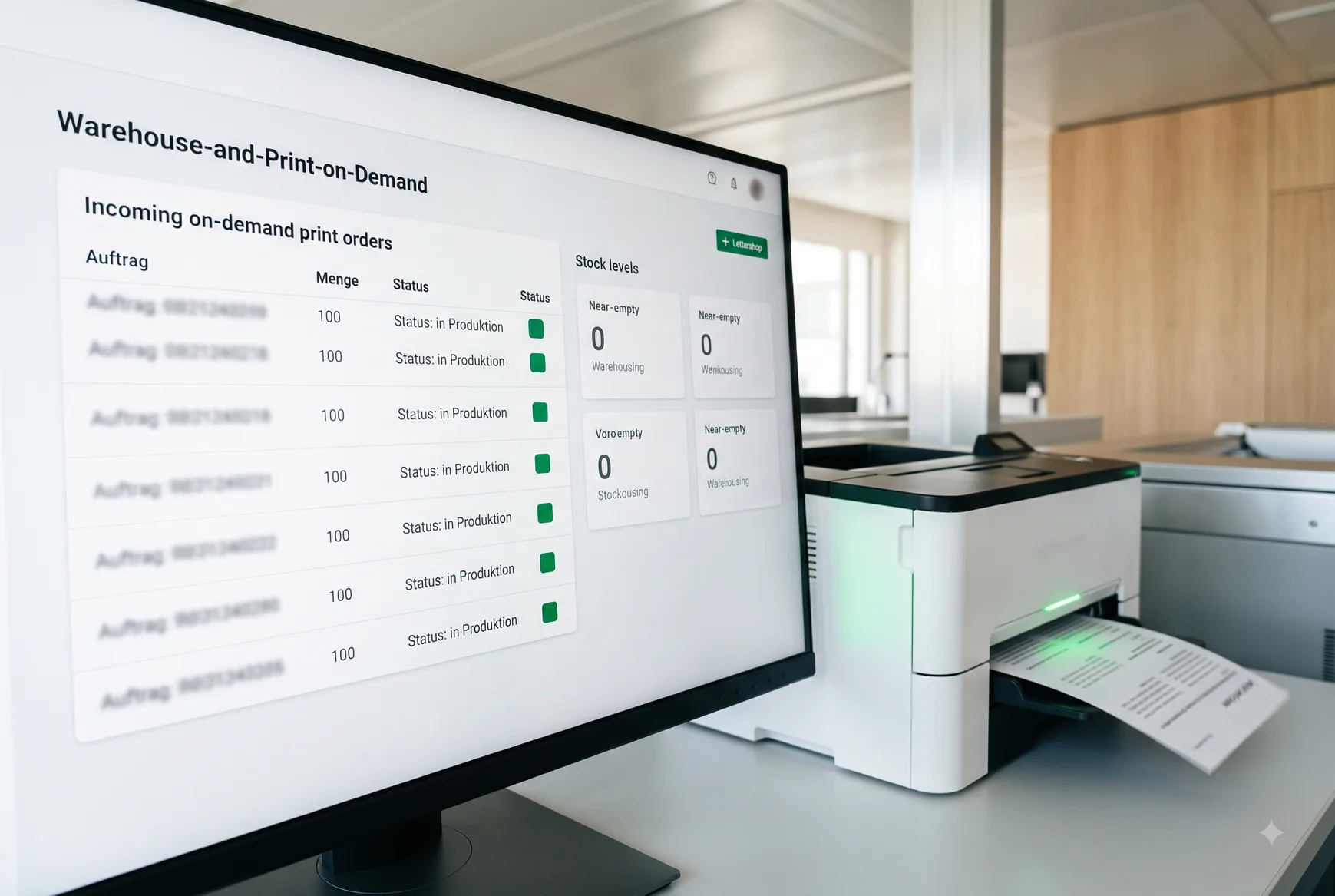 Bildschirm mit Print-on-Demand-Auftragsübersicht