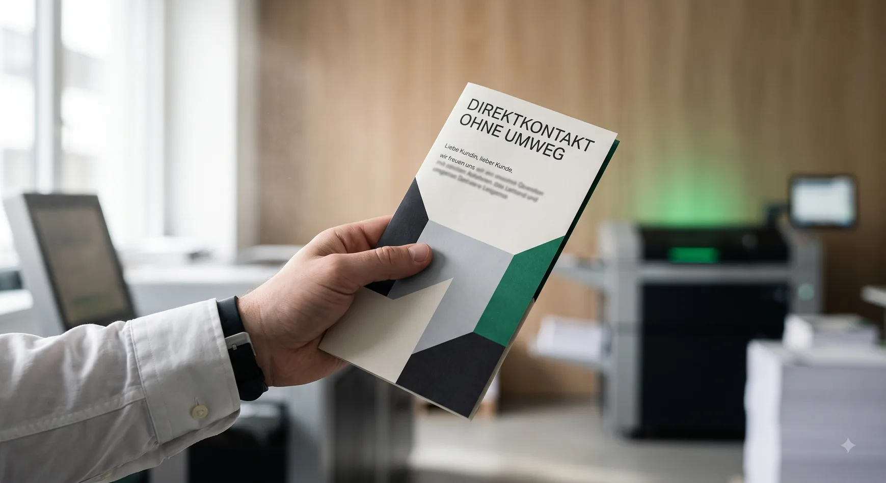 Selfmailer mit Aufdruck «Direktkontakt ohne Umweg» in der Hand