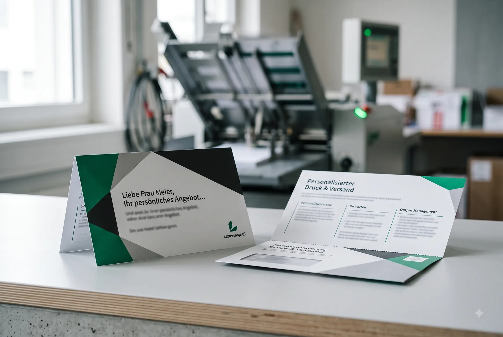 Personalisierter Selfmailer auf einem Tisch in der Produktion