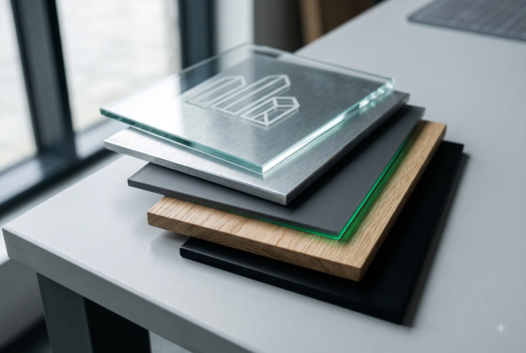 Materialmuster aus Glas, Metall und Holz für Signaletik