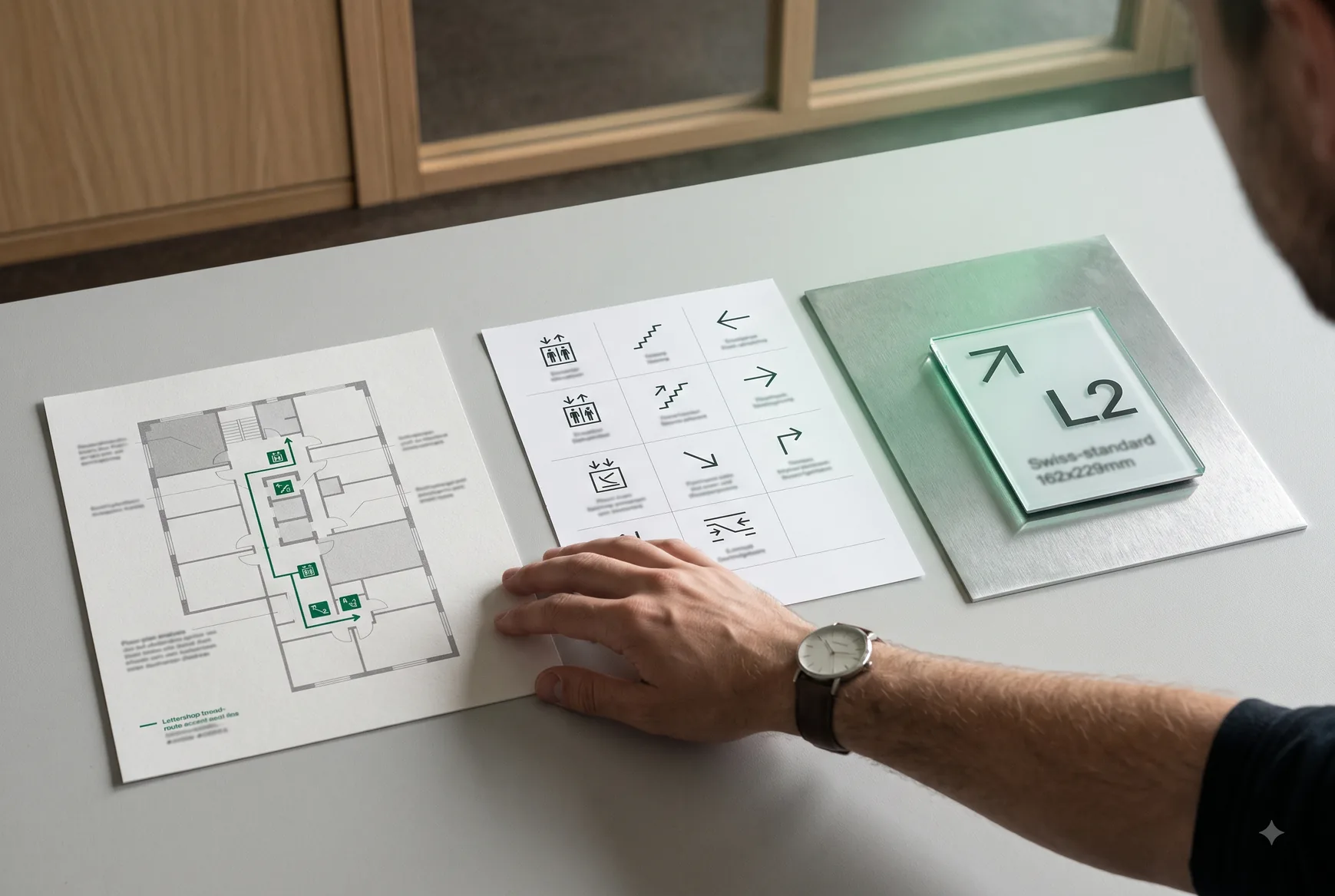 Grundrissplan mit Signaletik-Konzept und Türschild
