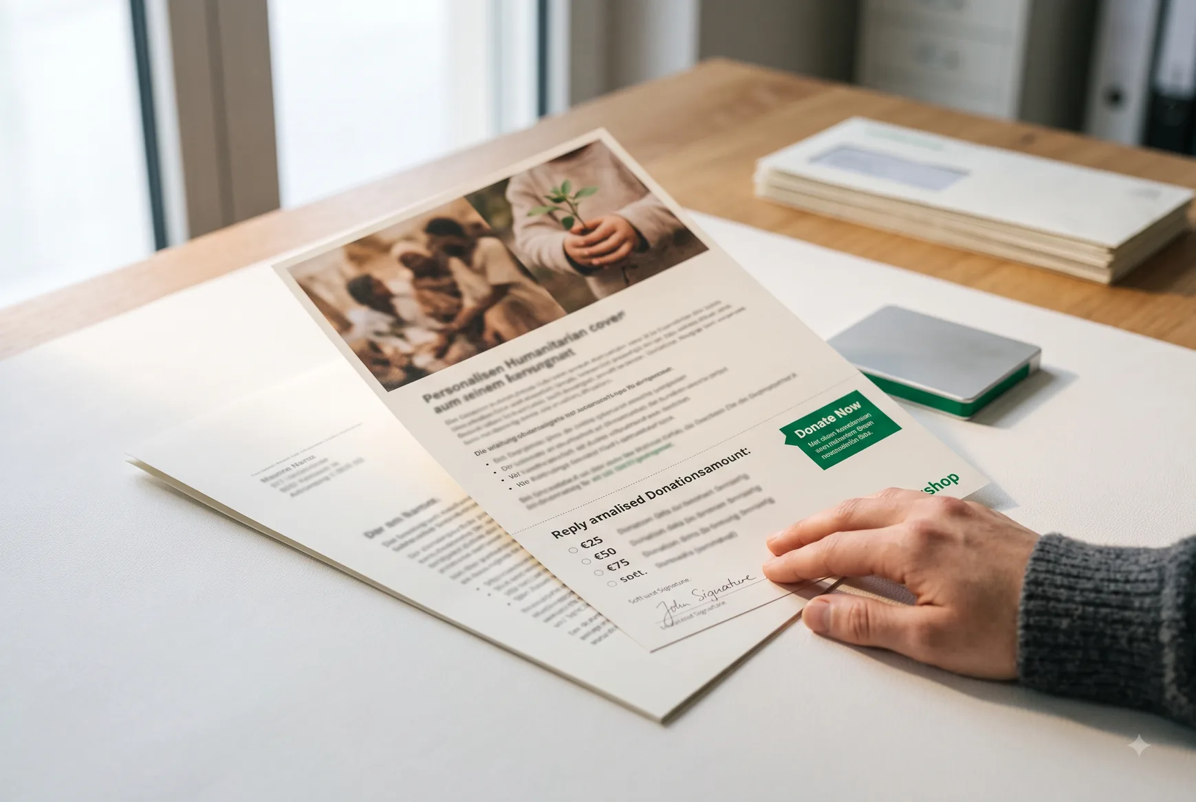 Spendenmailing mit Antworttalon auf dem Tisch