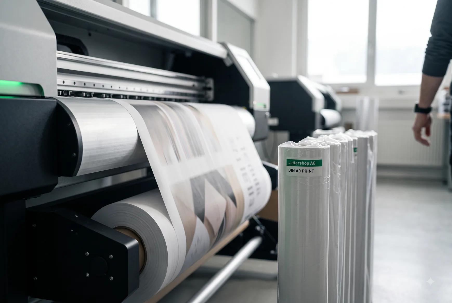 Grossformat-Rollendrucker mit fertig produzierten Folienrollen