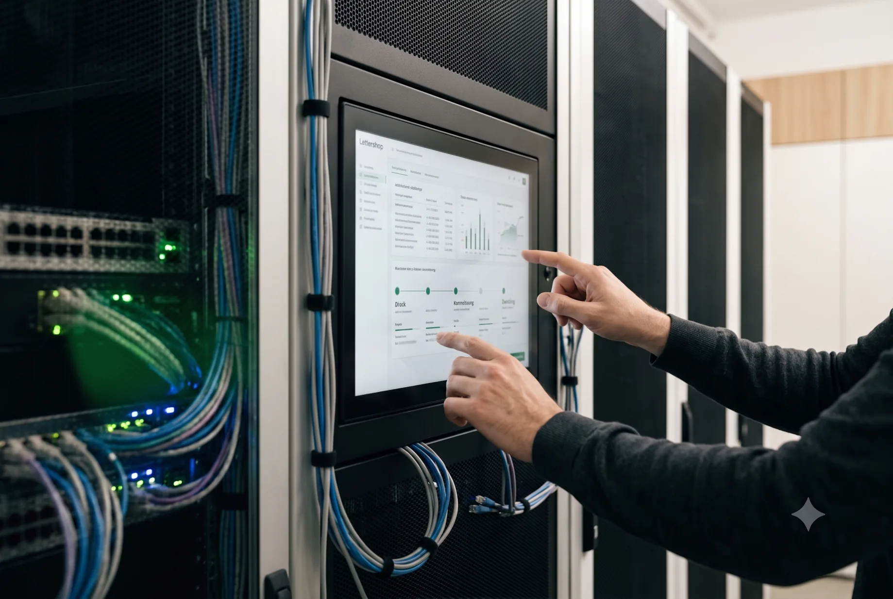 Serverschrank mit Monitoring-Dashboard, zwei Personen bedienen den Touchscreen